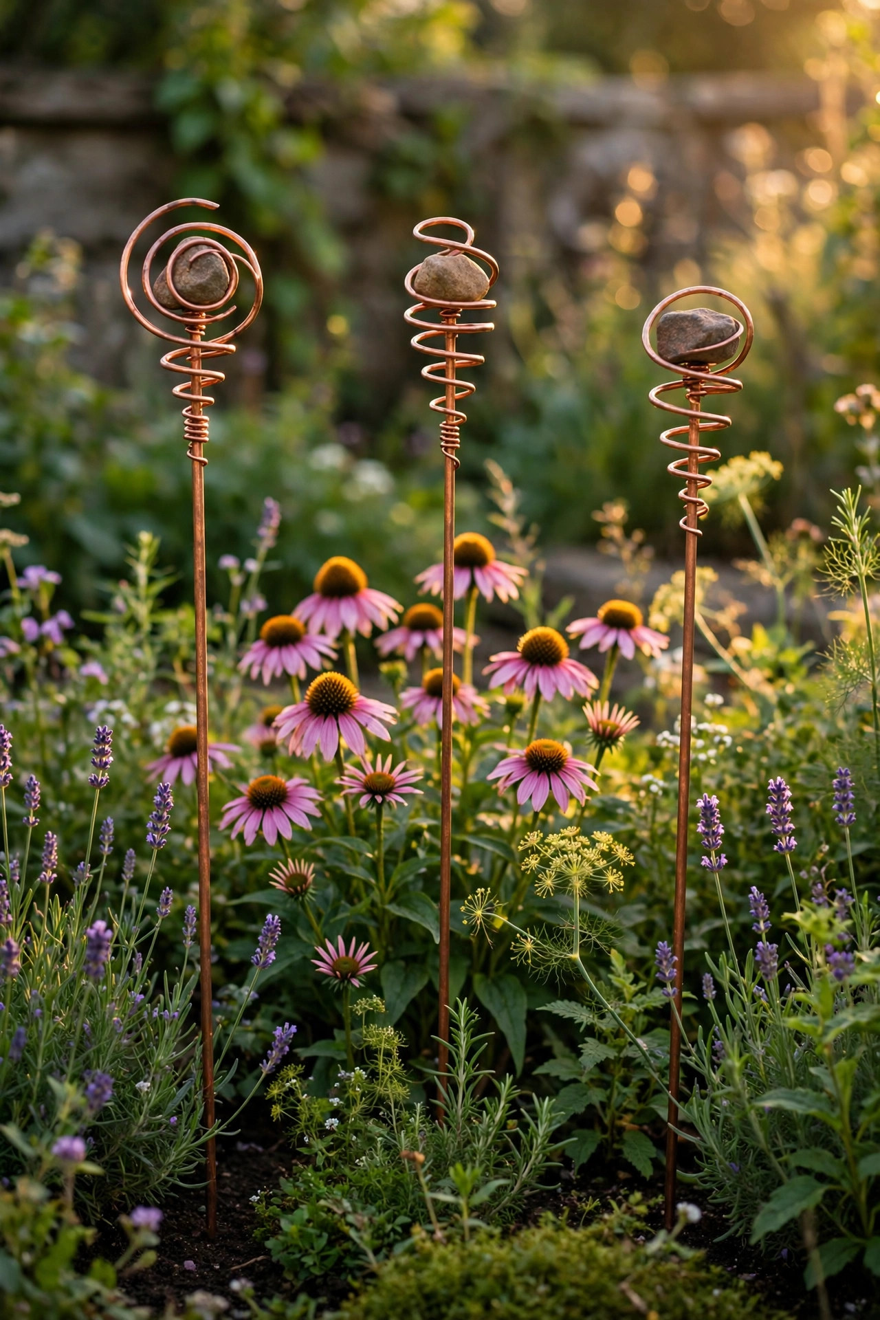 Handmade copper garden rods standing in a flower bed