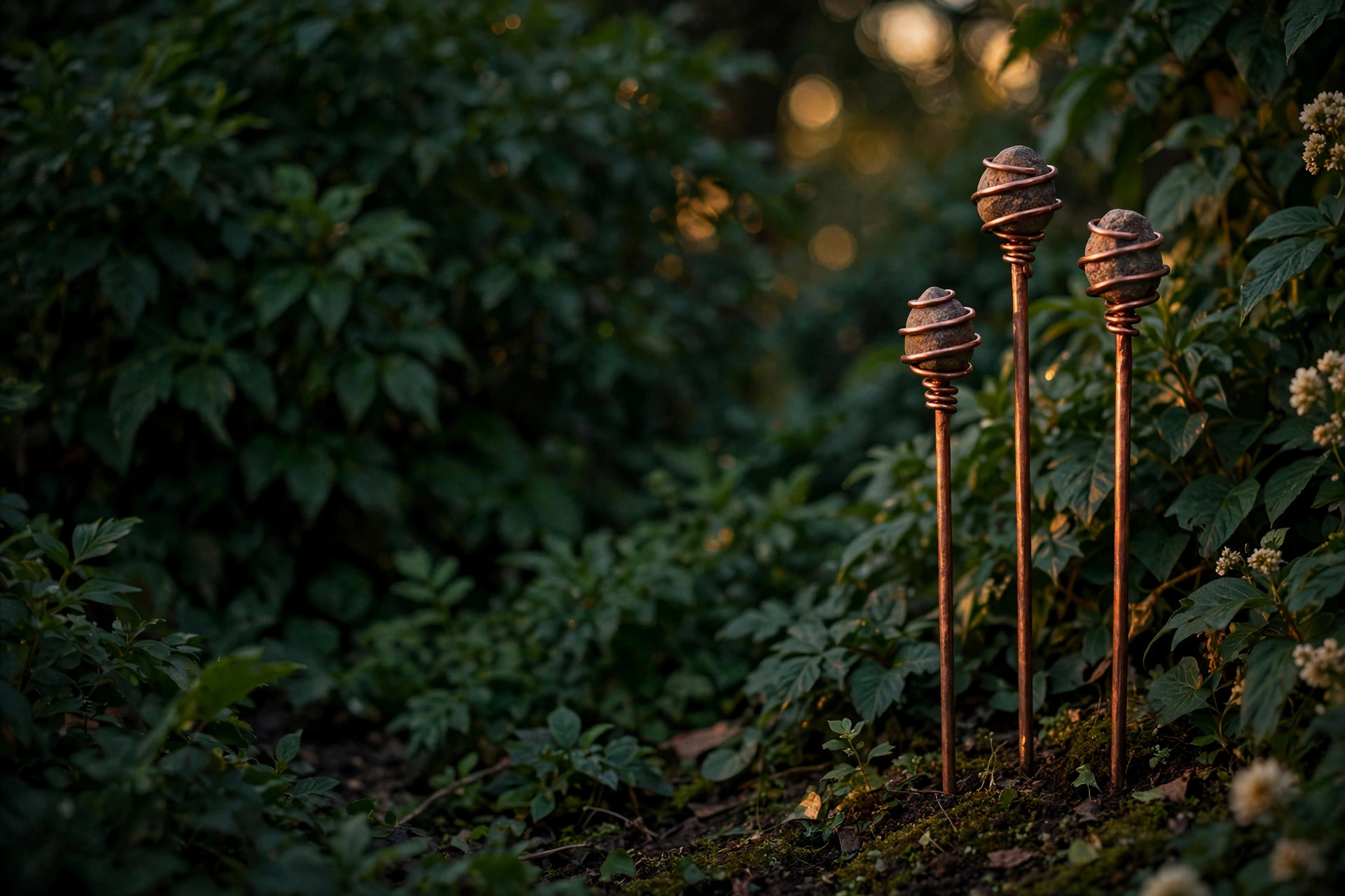 Copper garden stakes in deep green foliage at dusk